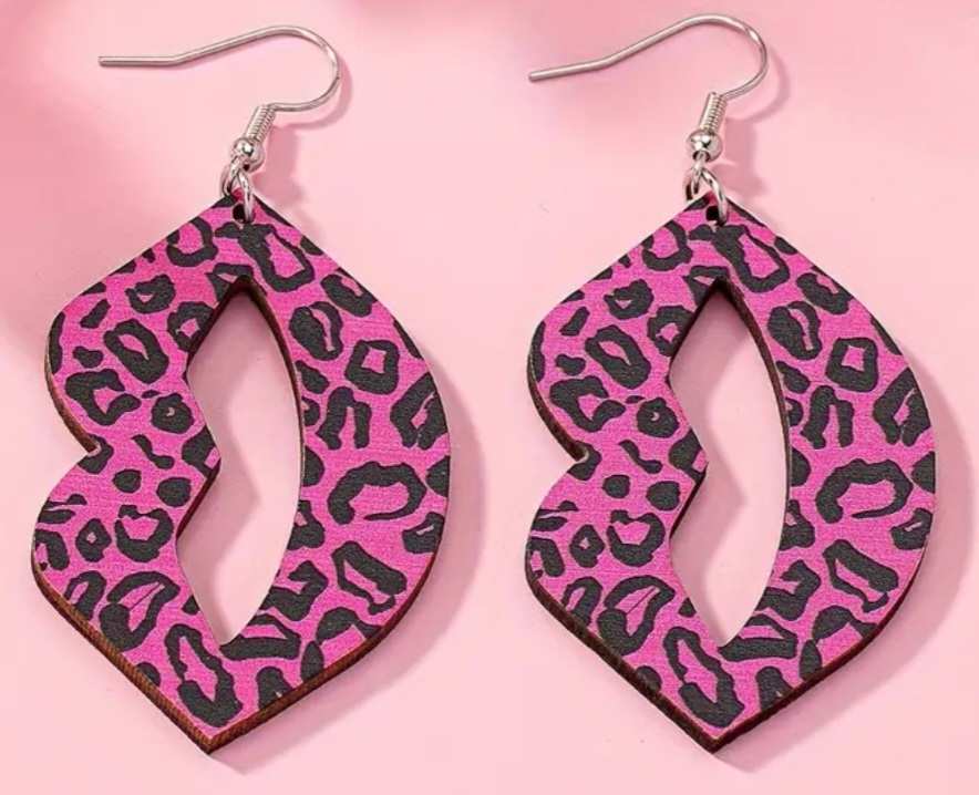 Sexy Hot Pink Leopard Print Lips Kiss Design Wood Dangle Earrings