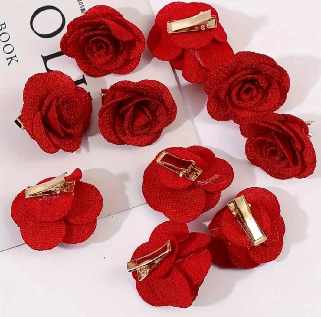 Beautiful Romantic Red Fabric Rose Flower Hair Clips Set Of 4