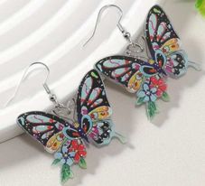 Gorgeous Colourful Large Bright Fun Glittery Acrylic Cut Out Butterfly With Flowers Dangle Earrings