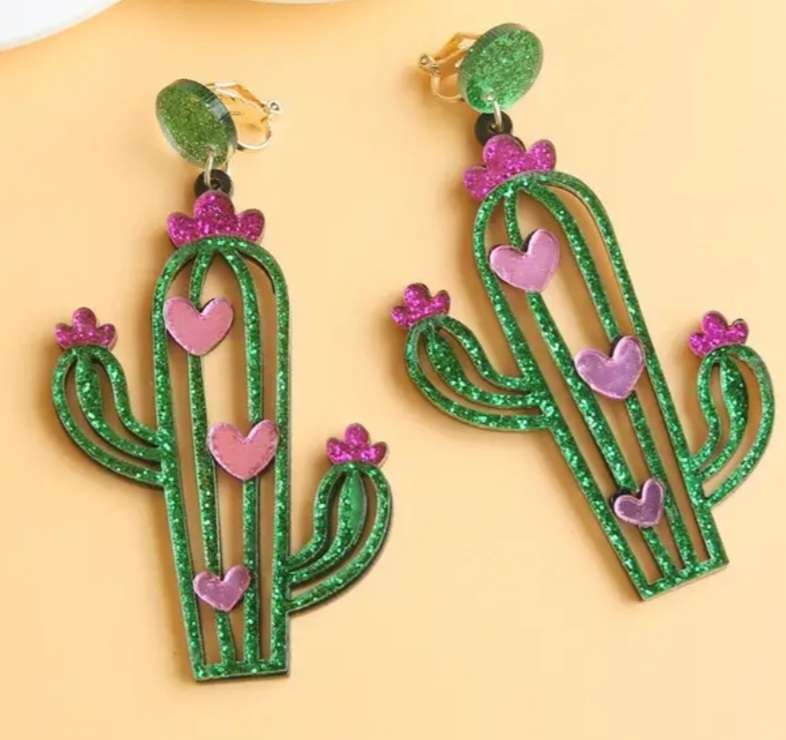 Extra Large Super Sparkly CLIP ON Glittery Cactus and Pink Heart Drop Earrings