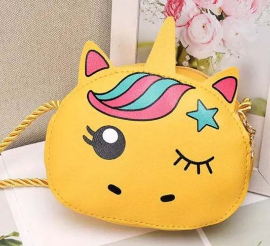 Kawaii Children's Cute Yellow Unicorn Small PU Faux Vegan Leather Coin Purse Shoulder Bag With Cord Strap