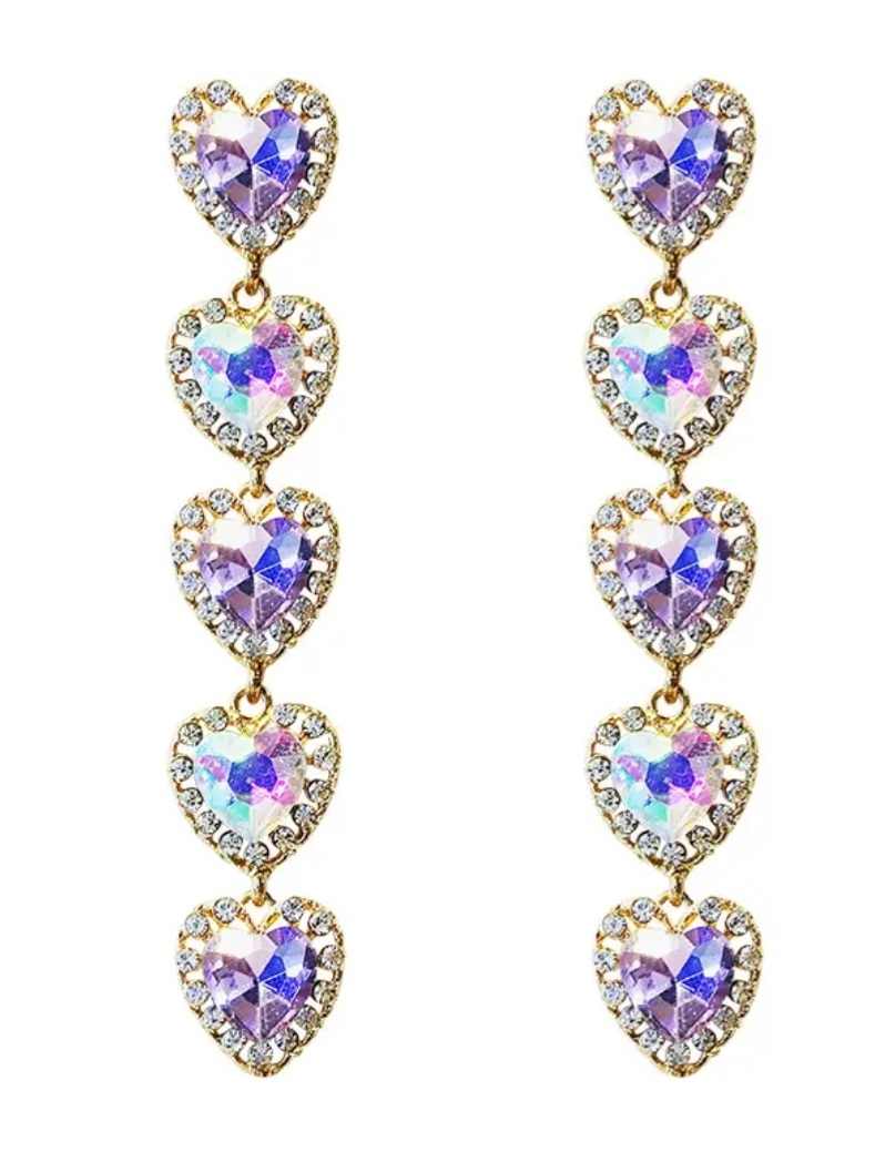 Sparkle Bling Extra Long Lilac Purple Rhinestone Inlay Heart Gold Plated Drop Earrings