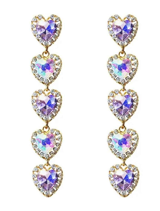 Sparkle Bling Extra Long Lilac Purple Rhinestone Inlay Heart Gold Plated Drop Earrings