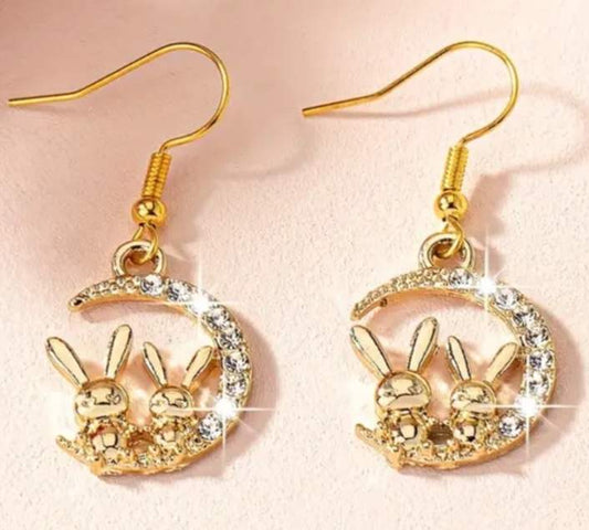 Gold Plated Pretty Sparkling Rhinestone Bunny Sitting On A Crescent Moon Dangle  Earrings