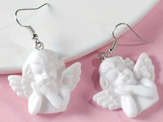 Angelic Angel Cheeky Cupid Cherubs Praying White Acrylic Dangle Earrings