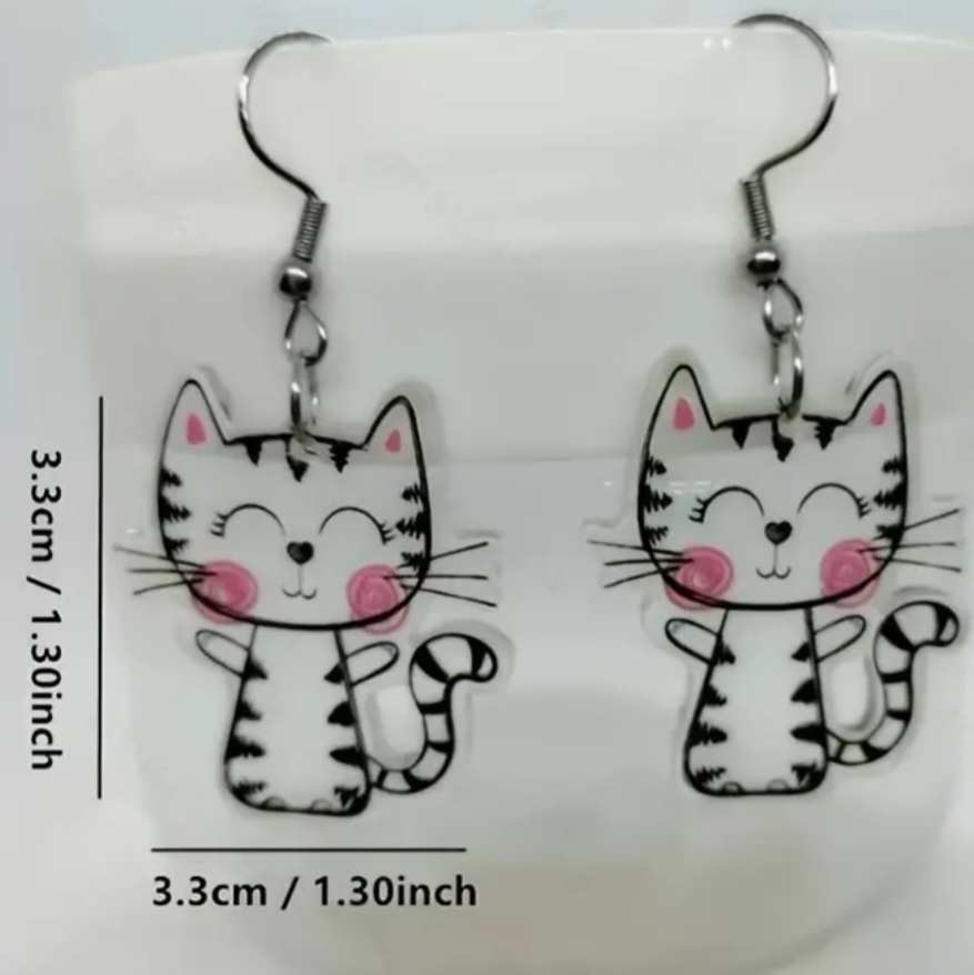 Fun Cute Clear Acrylic Happy Cat Kitten Design Drop Dangle Earrings