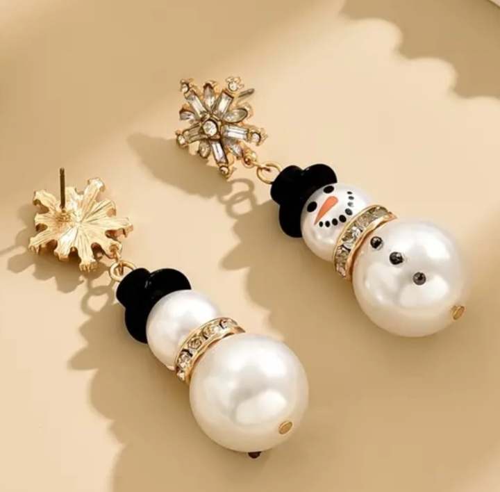 Stunning Large Christmas Bling  Rhinestone Snowflake and Faux Pearl Snowman Dangle Earrings