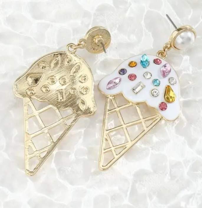 Large Sparkling Gold Plated Faux Pearl and Rhinestone Inlay Ice Cream Design Drop Dangle Earrings