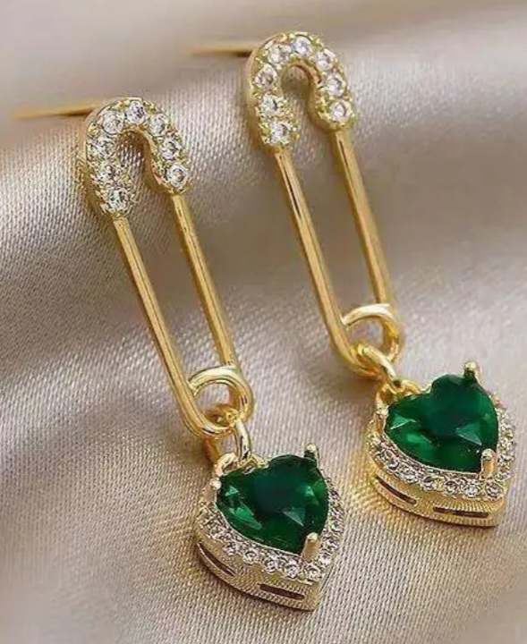 Gold Plated Rhinestone Inlay  Safety Pin Green Stone Heart Design Drop Earrings