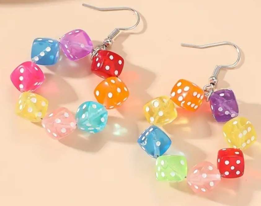 Fun Funky Bright Multicoloured Acrylic Dice Circle Ring Dangle Earrings