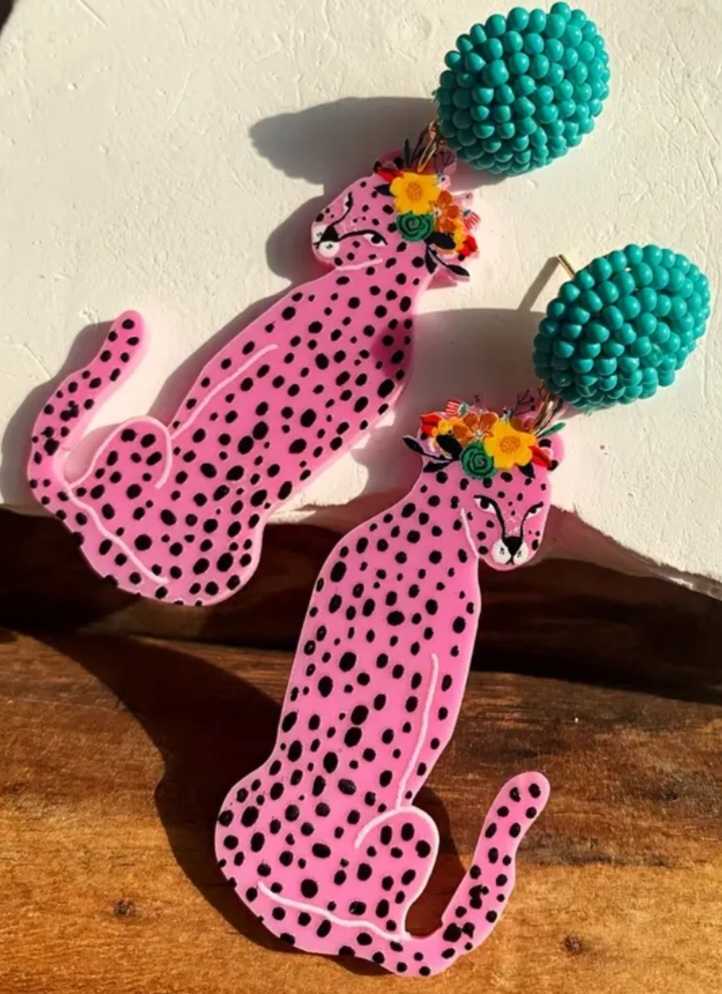 Large Retro Style Fun And Funky Acrylic Bead Accent Pink Leopard Design Dangle Earrings