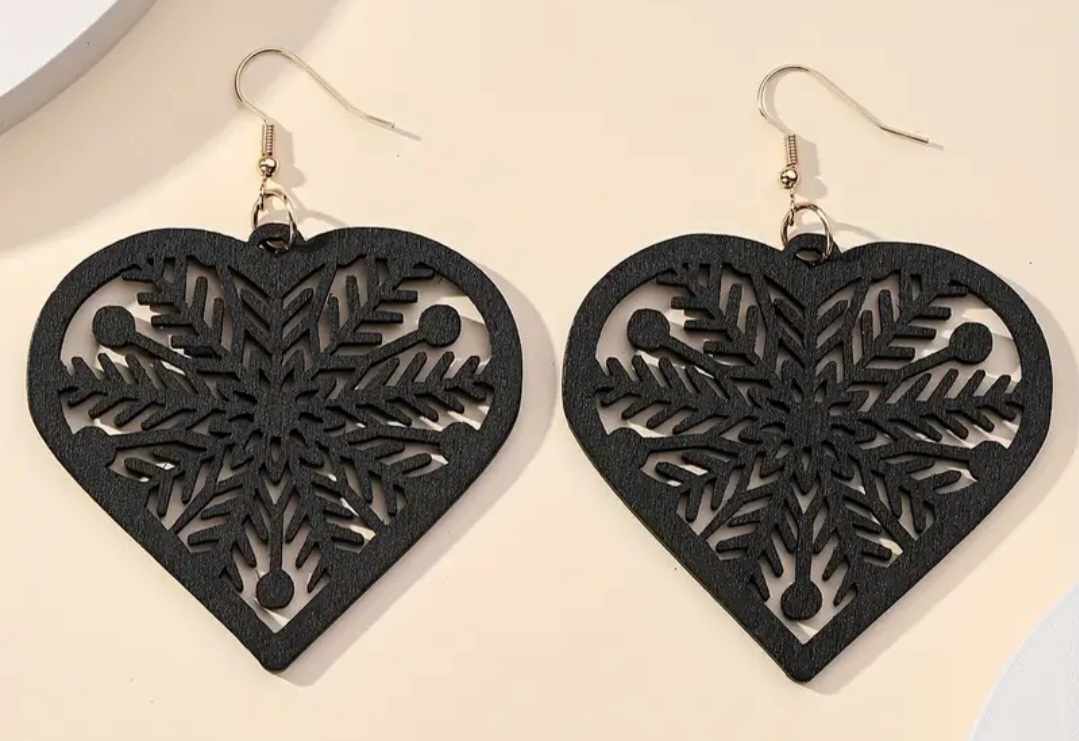 Extra Large Lightweight Unique Black Wood Snowflake Heart design Dangle Earrings