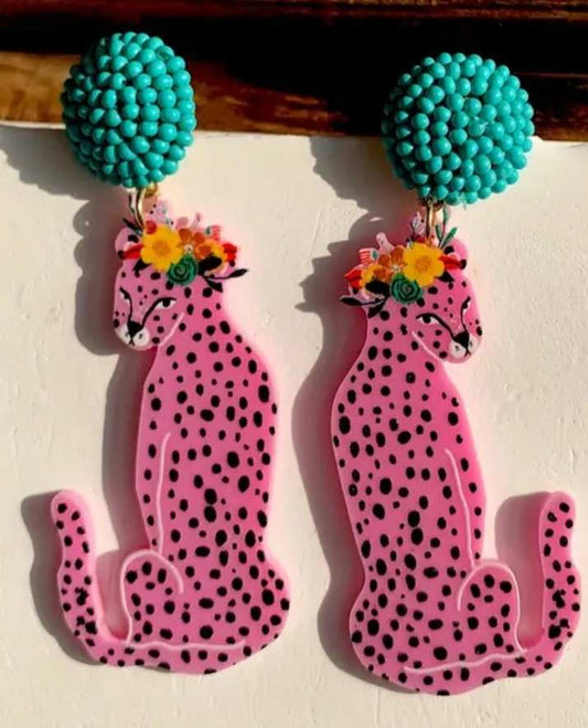 Large Retro Style Fun And Funky Acrylic Bead Accent Pink Leopard Design Dangle Earrings