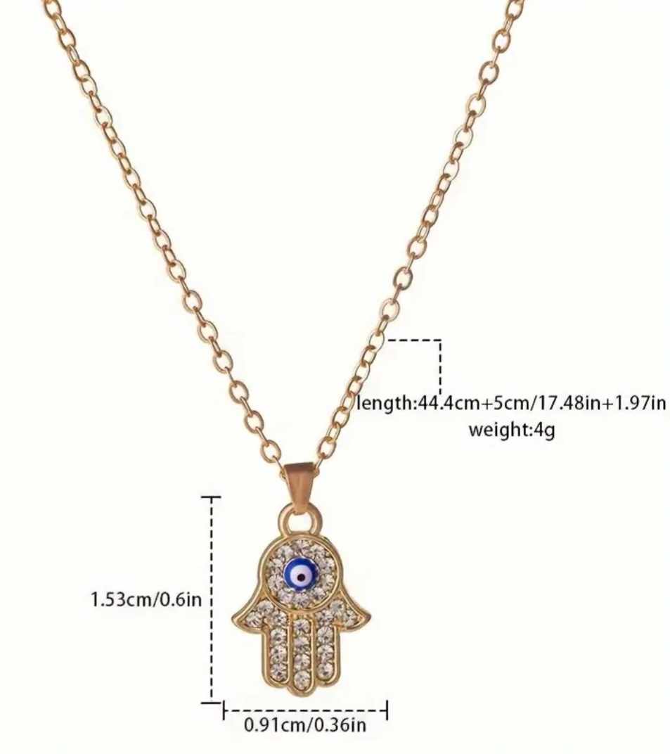 Dainty Gold Plated Rhinestone Inlay Evil Eye Hand Hamsa Good Luck Protection Pendant Necklace