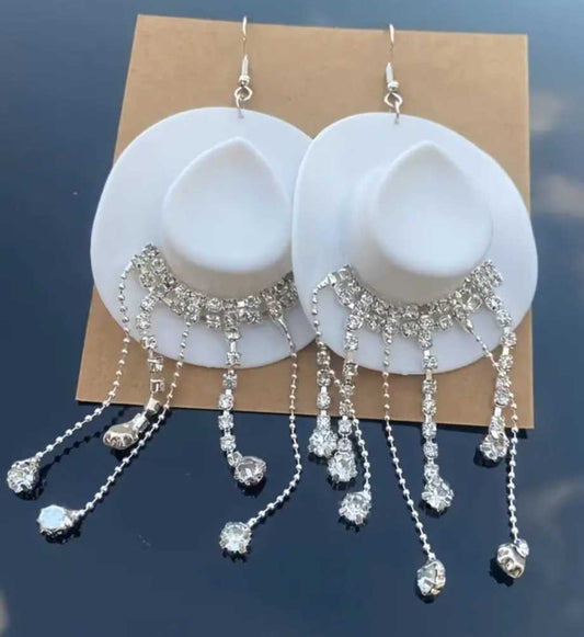 Acrylic White Western Cowboy Cowgirl Hat With Rhinestone Dangle Embellishments Drop Earrings