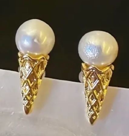 Gold Plated Faux Pearl Ice Cream Design Studs