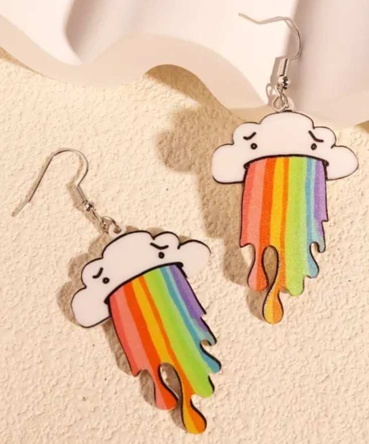 Fun Funky Large Acrylic Cartoon  Graffiti Design Cloud Rainbow Drop Earrings