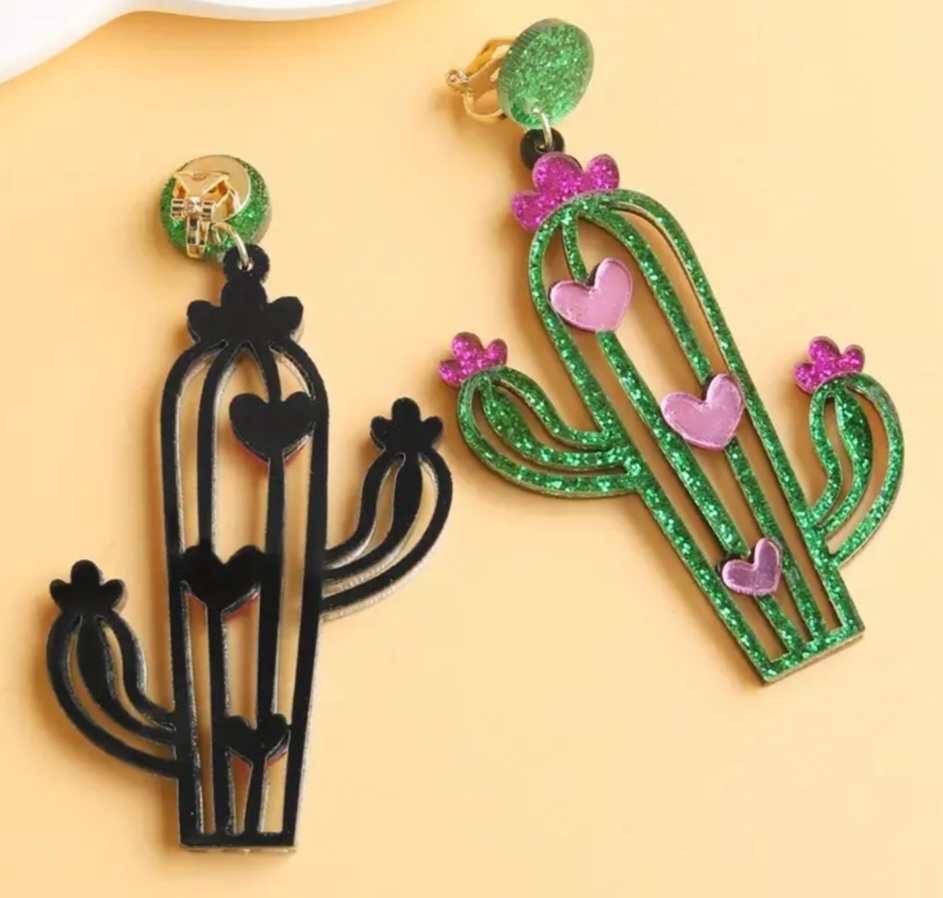 Extra Large Super Sparkly CLIP ON Glittery Cactus and Pink Heart Drop Earrings