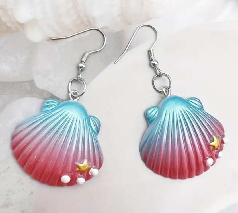 Large Colourful Acrylic Resin  Gradient Pink Blue Scalloped Shell Dangle Earrings