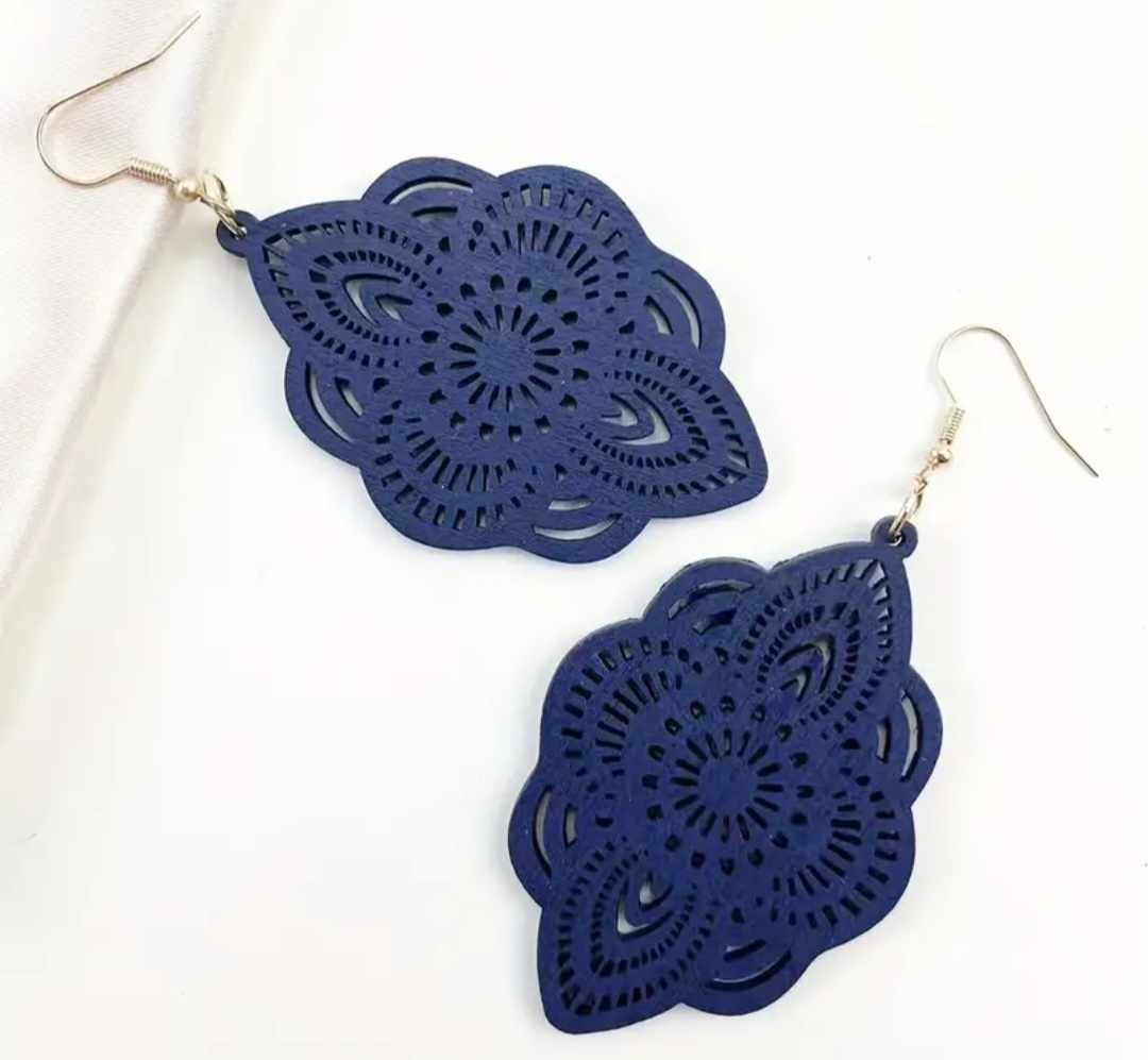 Extra Large Lightweight Wood Navy Blue Scalloped Flower Design Dangle Earrings