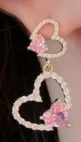 Double Hollow Hearts Sparkling Pink And White Rhinestone Zircon Gold Plated Drop Dangle Earrings