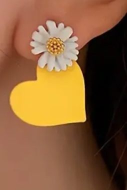 Daisy Flower and Heart White Yellow Painted Enamel Metal Mismatched Stud Earrings