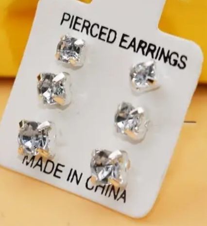 Small White Rhinestone Silver Plated Studs 3 Pairs Of 3 Sizes