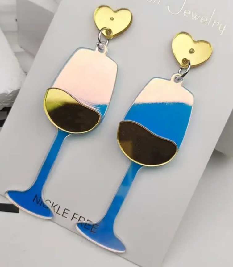 Shiny Acrylic Mirror-Like Finish White Yellow Wine Glass Dangle Drop Earrings