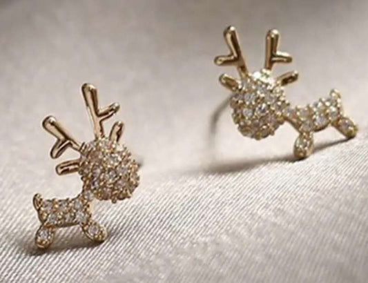 Mini Sparkling Christmas Gold Plated Rhinestone Festive Reindeer Deer Stud Earrings