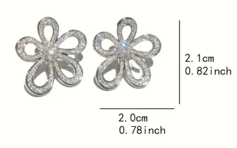 Beautiful Classy Elegant Silver Tone  Rhinestone Hallow Petal Flower Stud Earrings