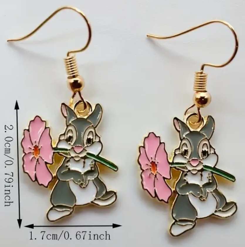 Cute Inspired By Bambi Thumper Bunny Flower Gold Plated Enamel Drop Earrings