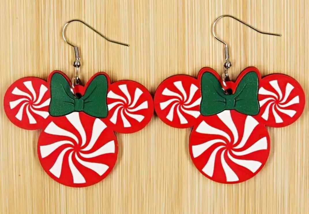 Cute Christmas Festive Minnie Mouse Inspired Peppermint Candy Design Wood Dangle Earrings