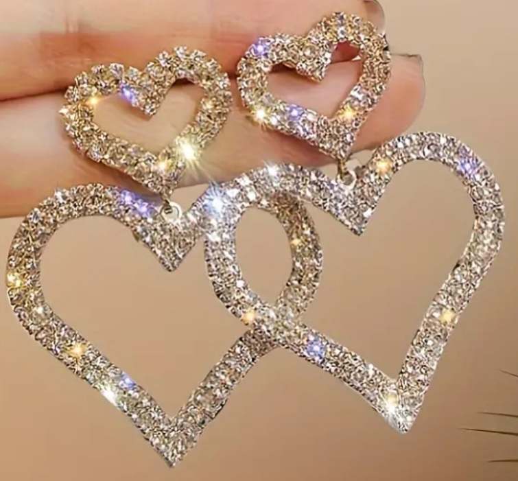 Rhinestone Gold Plated Double Heart Drop Bling Earrings