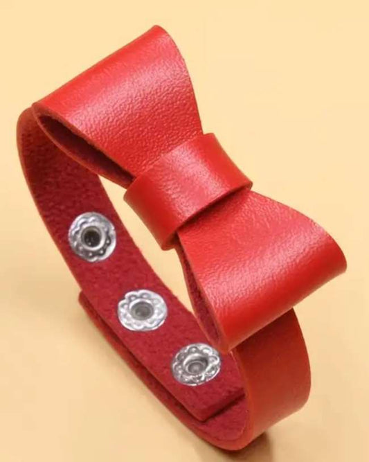 Cute Punk Kawaii Adjustable Red PU Vegan Faux Leather Bow Knot Bracelet Wrist Band