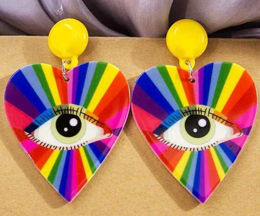 Colourful Acrylic Large  Rainbow Heart Eye Drop Dangle Earrings