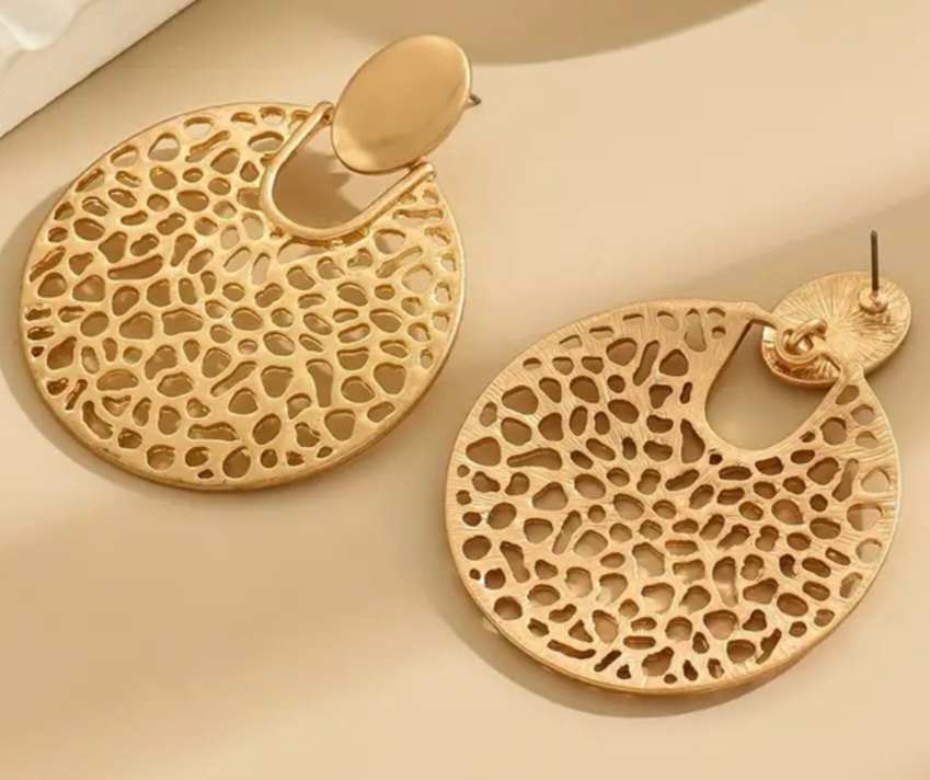 Large Disc Retro Shiny Gold Plated Metal Round Earrings