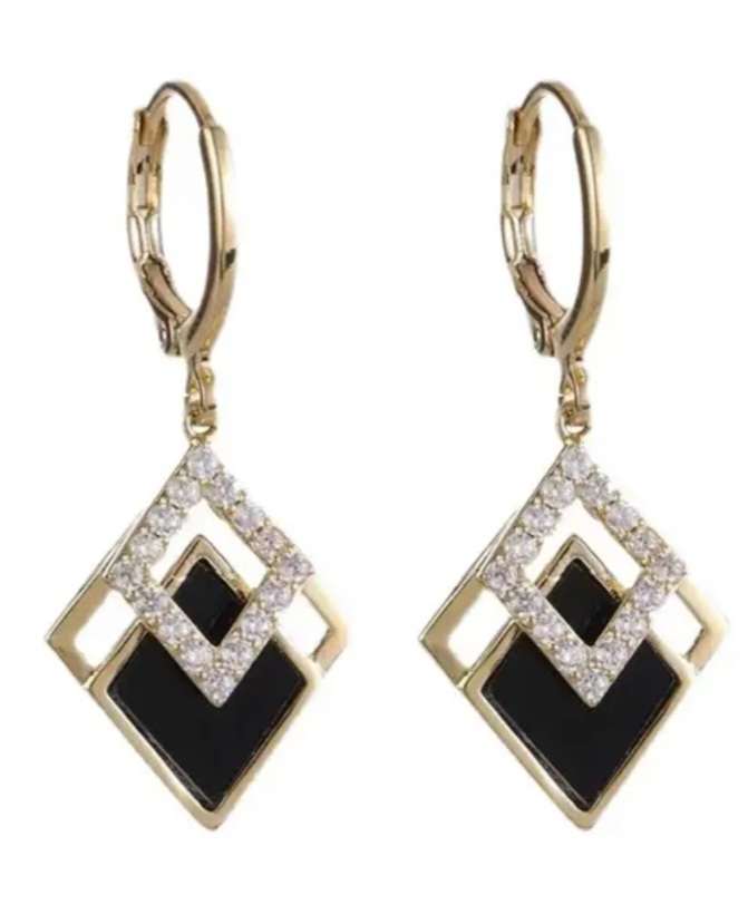 Sparkly Dainty Diamond Shape Geometric Rhombus Design Gold Plated Rhinestone Inlay Black Enamel Drop Earrings