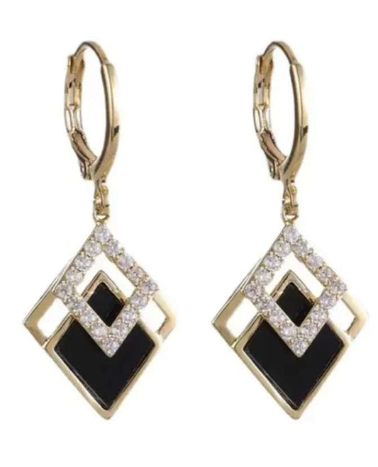 Sparkly Dainty Diamond Shape Geometric Rhombus Design Gold Plated Rhinestone Inlay Black Enamel Drop Earrings