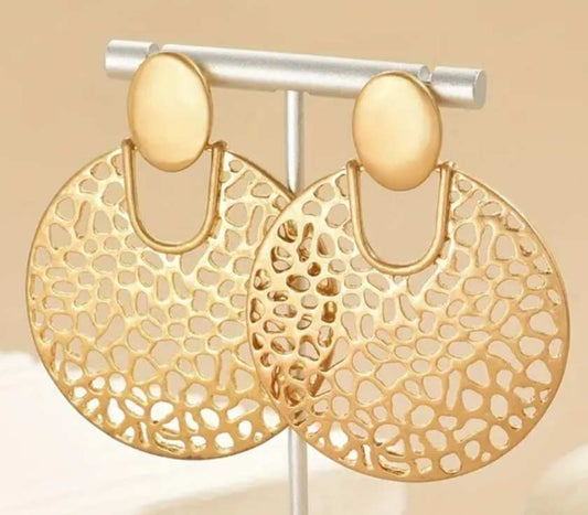 Large Disc Retro Shiny Gold Plated Metal Round Earrings