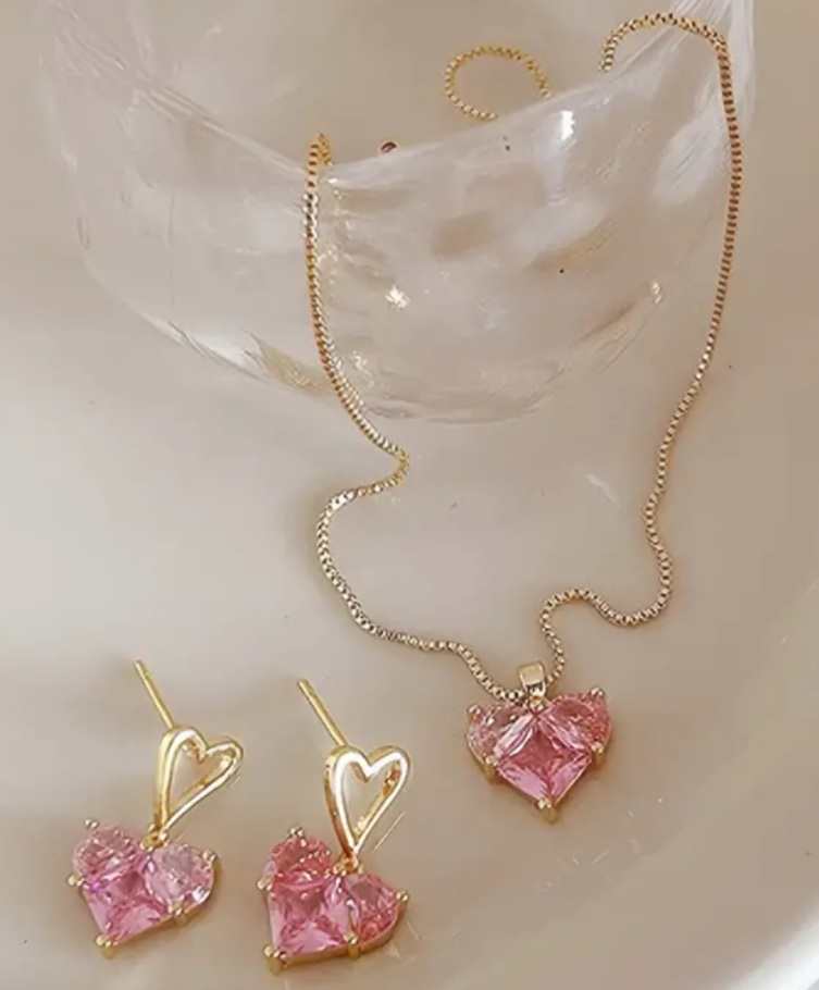 Exquisite Gold Plated Pink Crystal Rhinestone Hearts Drop Earrings And Pendant With Necklace Set