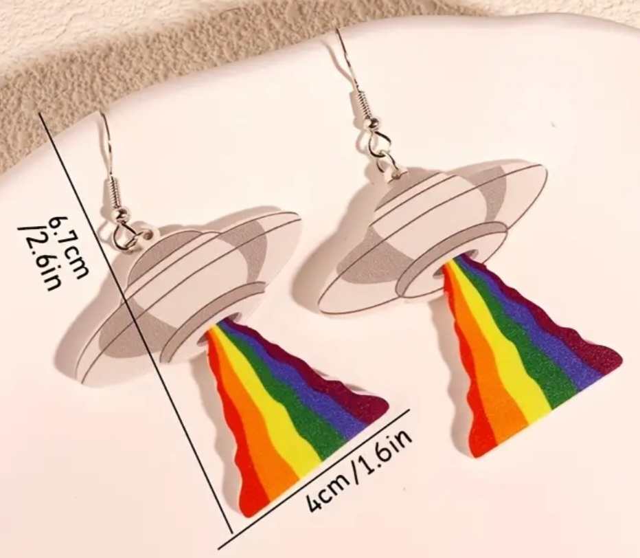 Fun Funky Large Acrylic Cartoon Graffiti UFO Spaceship Rainbow Drop Earrings