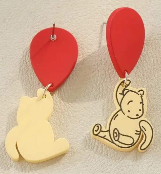 Adorable Retro Original Pooh Inspired Bear Hanging From Red Balloon Acrylic Dangle Earrings