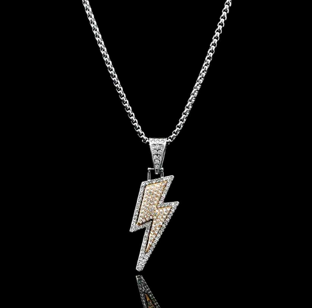 Bling Silver Tone Rhinestone Inlay Lightning Bolt Pendant On Chain