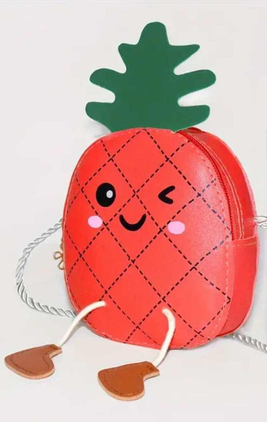 Kawaii Children's Cute Red Pineapple Small PU Vegan Faux Leather Coin Purse Shoulder Bag With Cord Strap