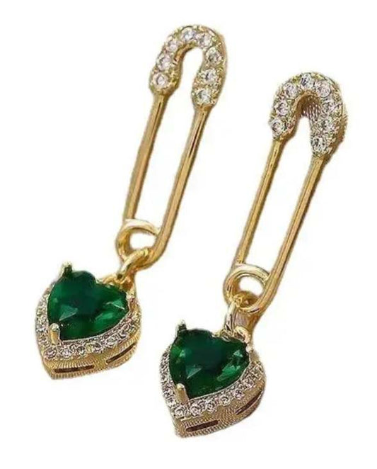 Gold Plated Rhinestone Inlay  Safety Pin Green Stone Heart Design Drop Earrings