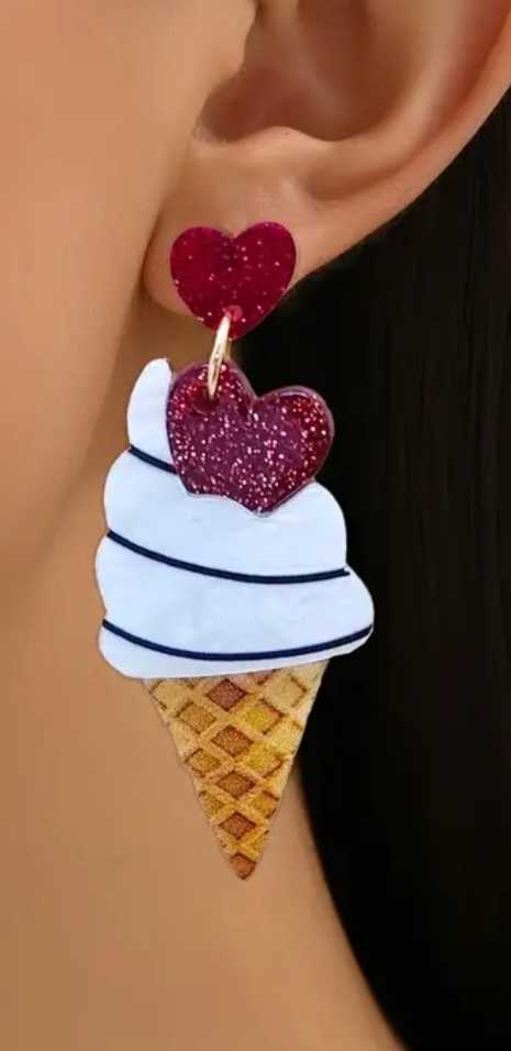 Large Lightweight Cute Kawaii  Acrylic Glitter Sparkle Heart Cherry Ice Cream Dangle Earrings