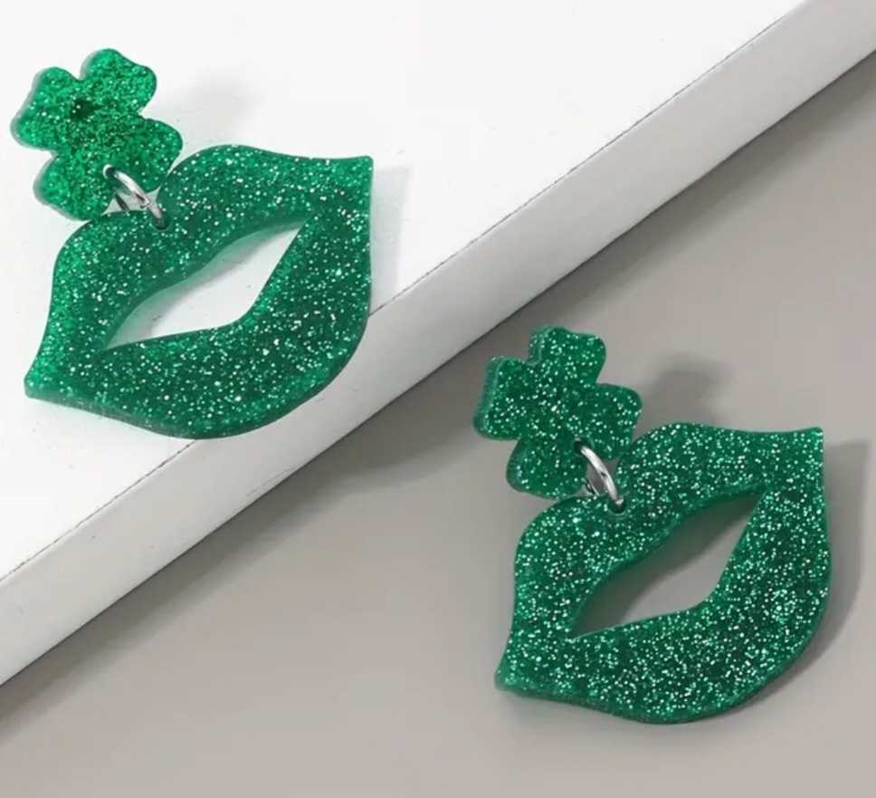 Acrylic  Kiss Me Four Leaf Clover Lips Glitter Sparkly Green Design Saint Patrick's Day Dangle Earrings