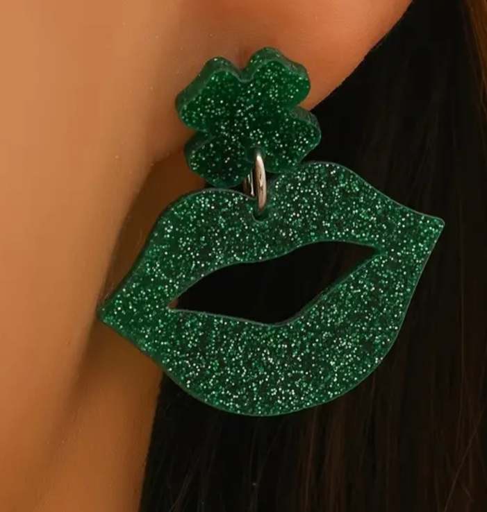 Acrylic  Kiss Me Four Leaf Clover Lips Glitter Sparkly Green Design Saint Patrick's Day Dangle Earrings