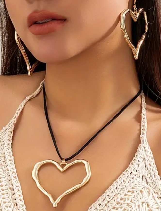 Giant Gold Plated Hollow Heart On Long Black Cord With Matching Large Heart Earrings