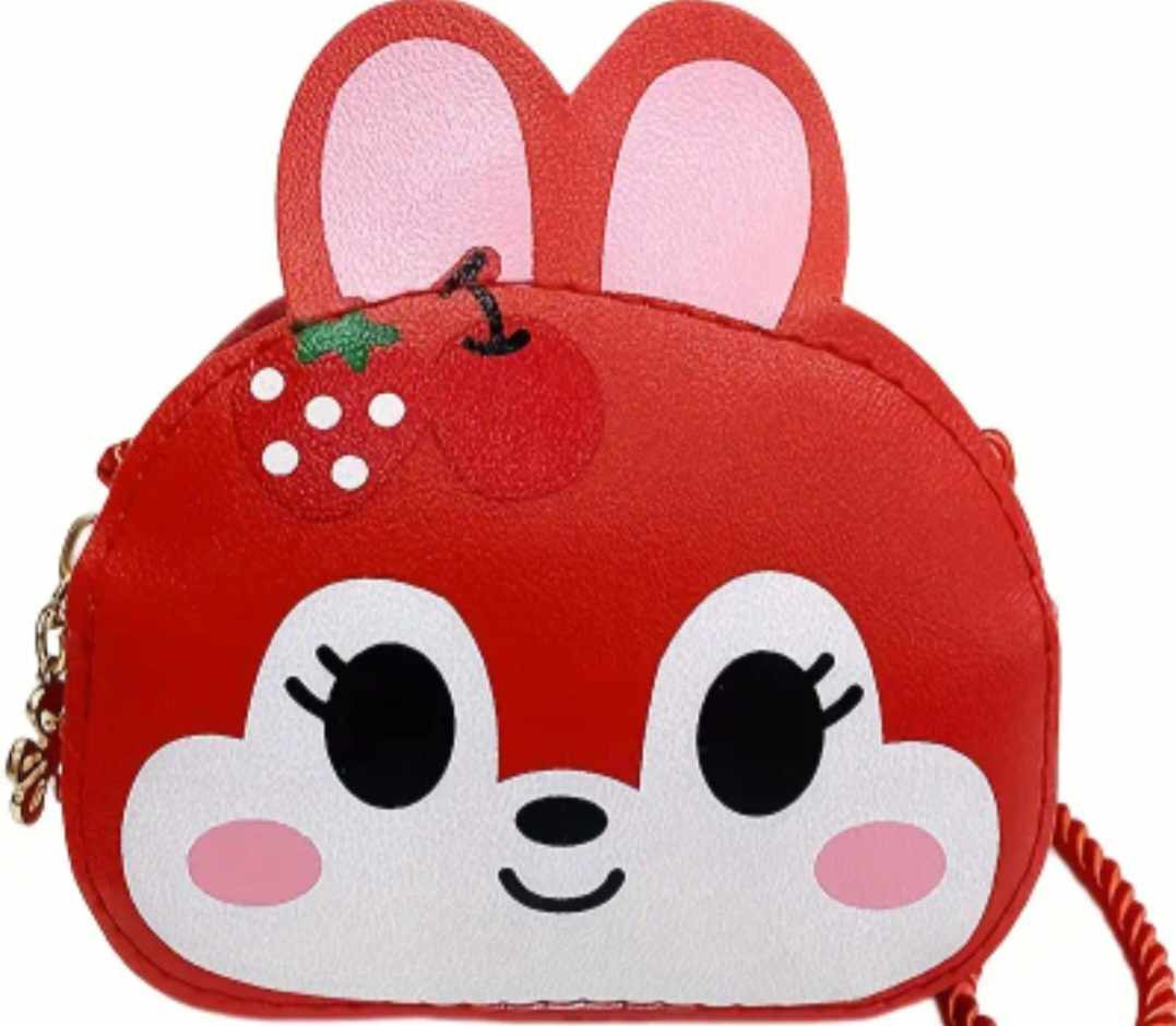 Kawaii Children's Cute Red Bunny Rabbit Small PU Vegan Faux Leather Coin Purse Shoulder Bag With Cord Strap